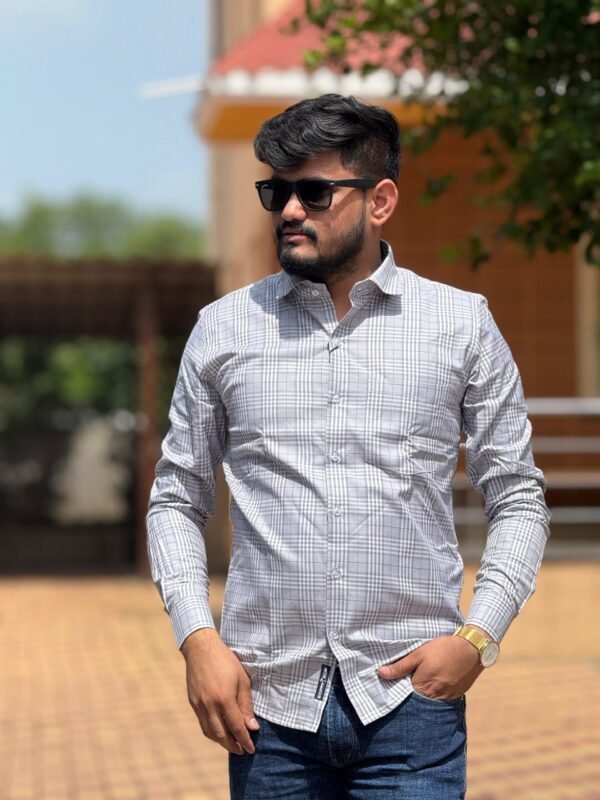 Cottrixs Men’s Light Grey Slim Fit Checkered Shirt – Office Wear Cotton Shirt