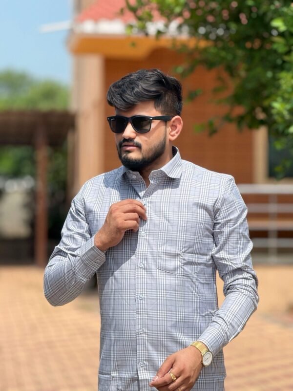 Cottrixs Men’s Light Grey Slim Fit Checkered Shirt – Office Wear Cotton Shirt