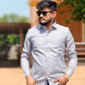 Cottrixs Men’s Light Grey Slim Fit Checkered Shirt – Office Wear Cotton Shirt