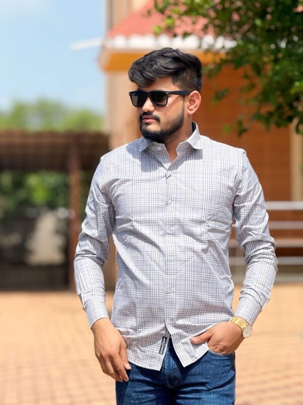 Cottrixs Men’s Light Grey Slim Fit Checkered Shirt – Office Wear Cotton Shirt